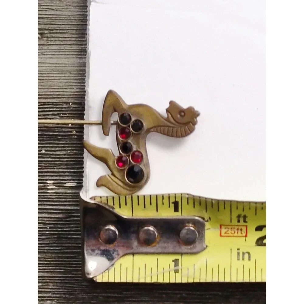Brass Horse Red And Black Rhinestone Vintage Stick Pin